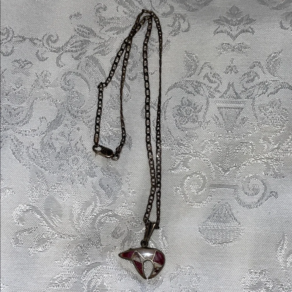 Rare Vintage Sterling Silver Inlay Elegant Pink Pendant Bear Necklace.  20” - Picture 6 of 11